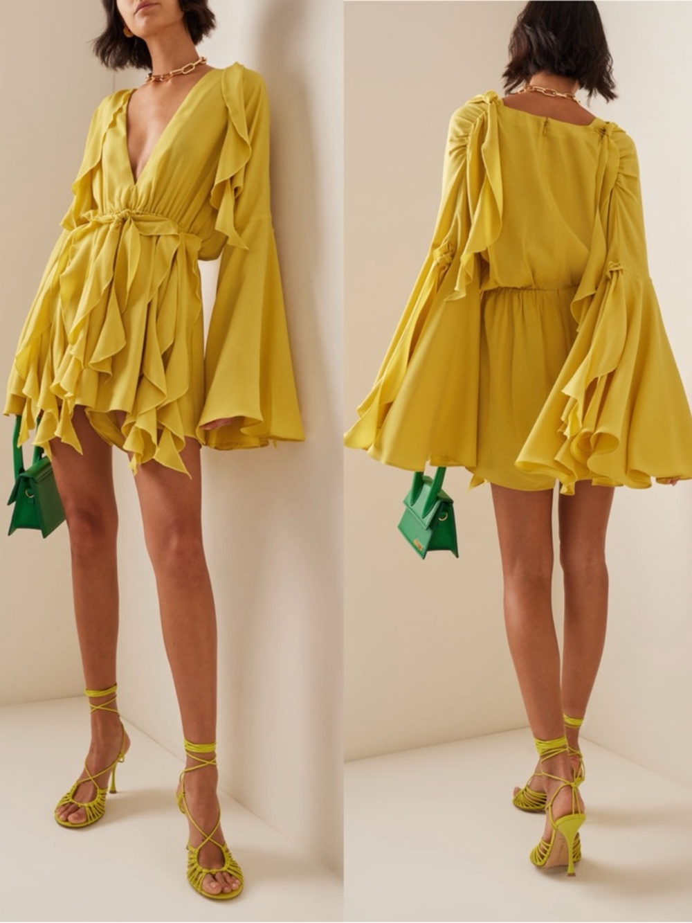 Andrea Iyamah Tari Drape Bell Sleeve Romper Lemon Yellow NEW with tags